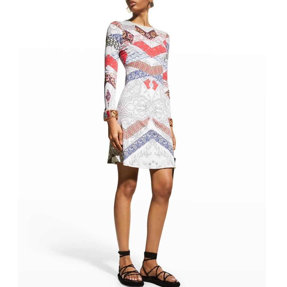 Etro Dont Stop Dress‎ Jersey Mixed Paisley White Red Long Sleeve Sz 48 / 12 US